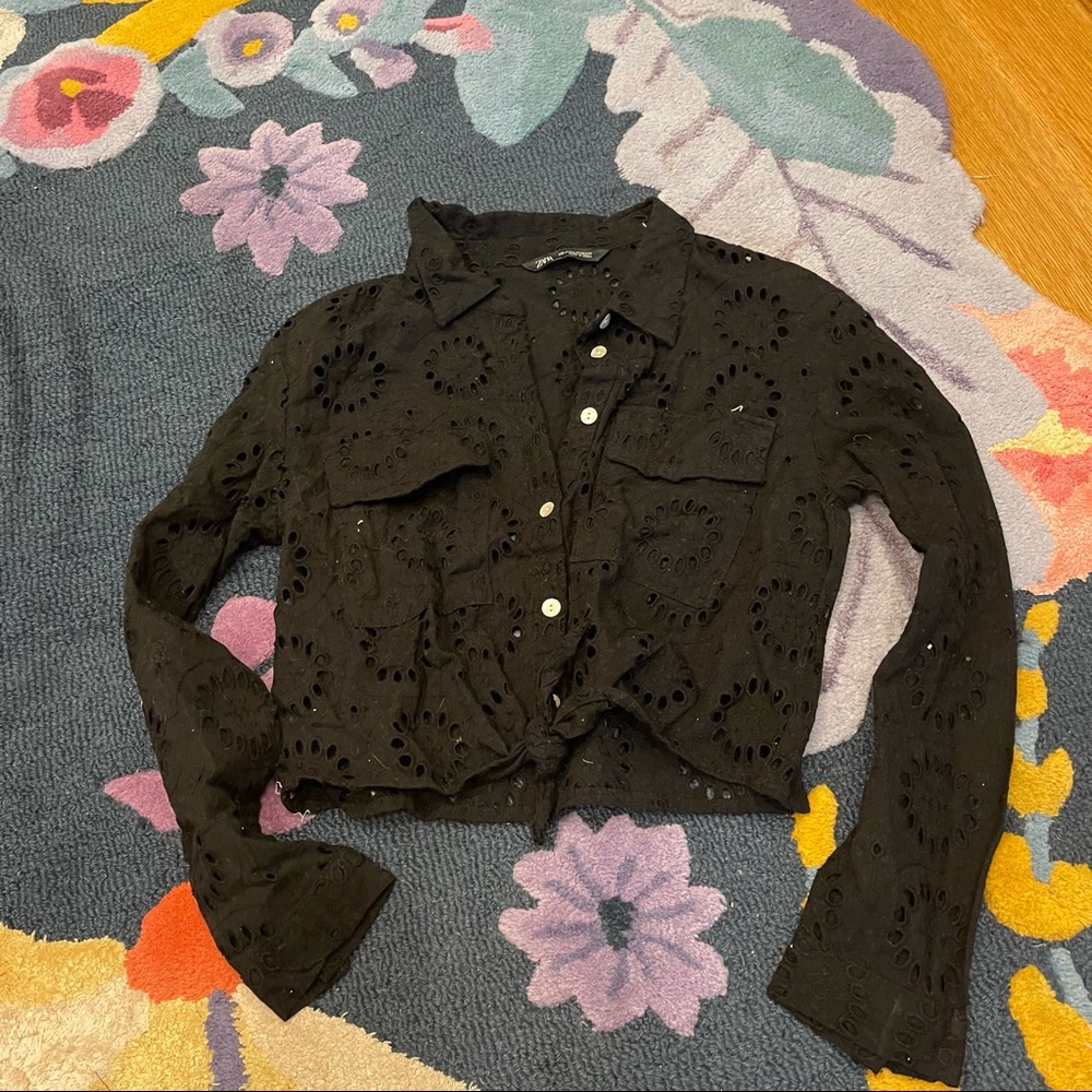 Zara black eyelet button down crop top